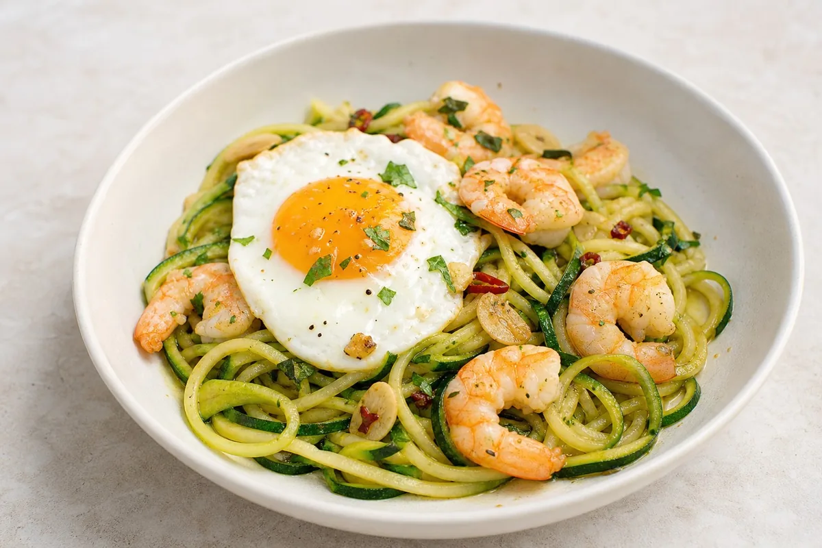 Imagen ilustrativa de Salteado express de gambas al ajillo con fideos de calabacín