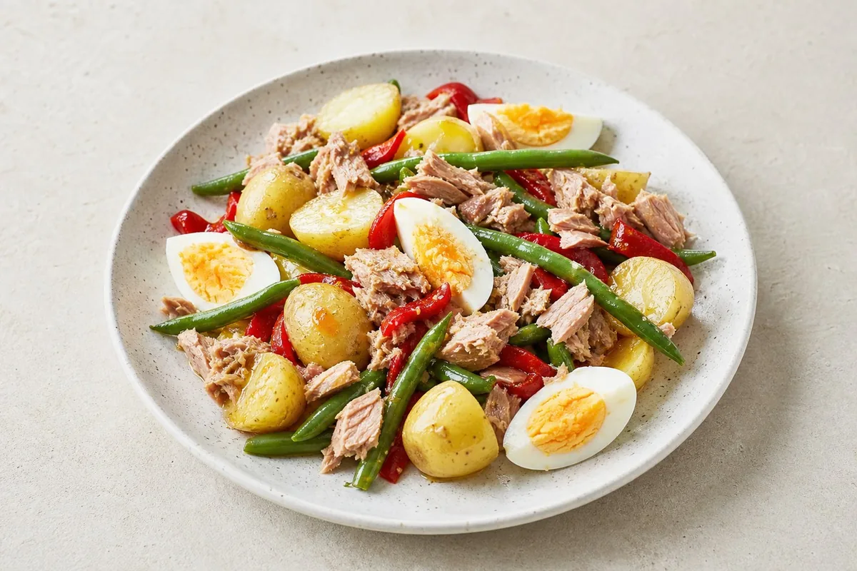 Imagen ilustrativa de Ensalada campera templada de patata, atún y huevo duro