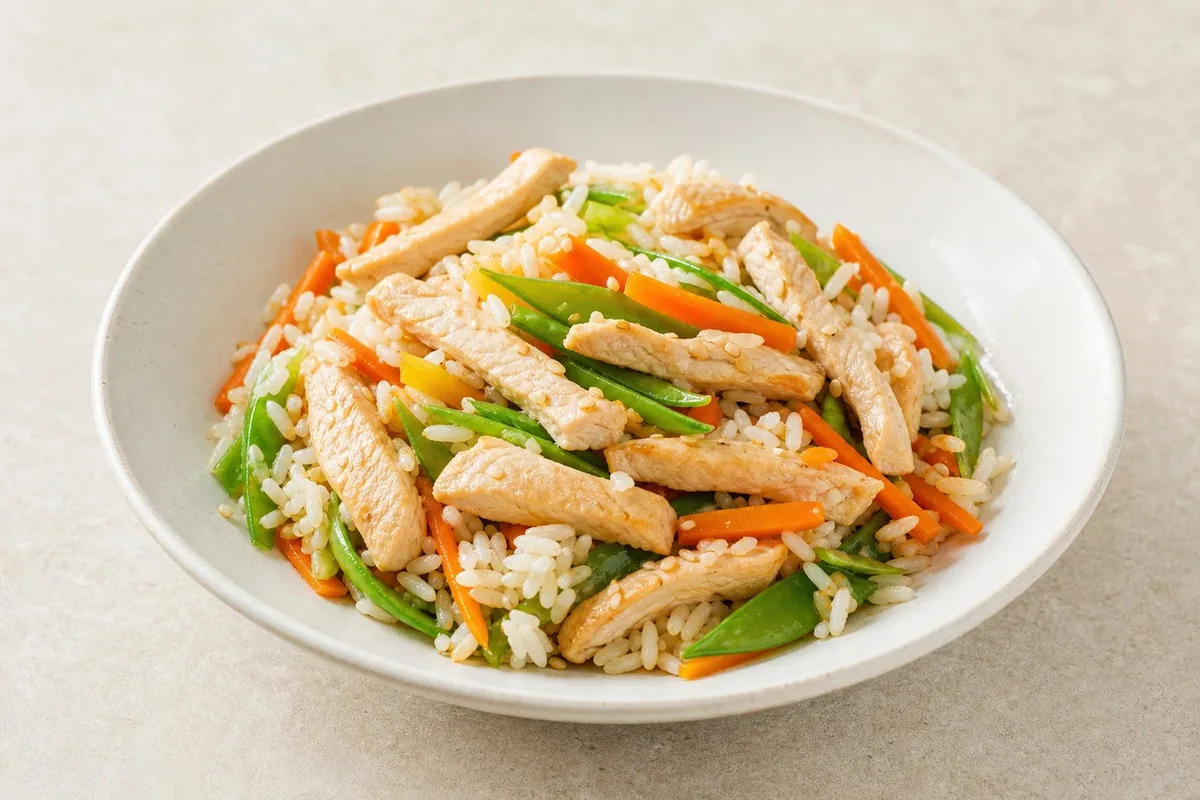 Imagen ilustrativa de Wok rápido de arroz jazmín, tiras de pavo y verduras crujientes