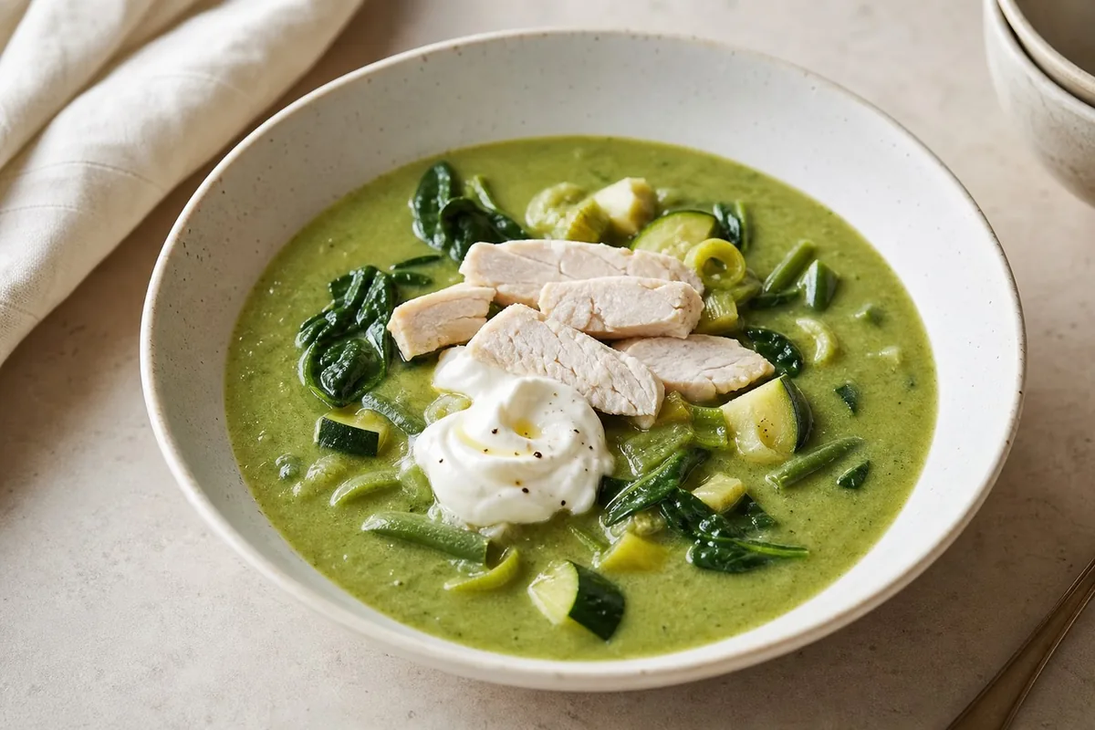 Imagen ilustrativa de Crema verde de verduras con queso crema light y pavo