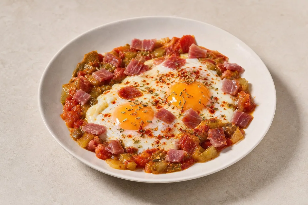 Imagen ilustrativa de Huevos al plato express con pisto de verduras y jamón