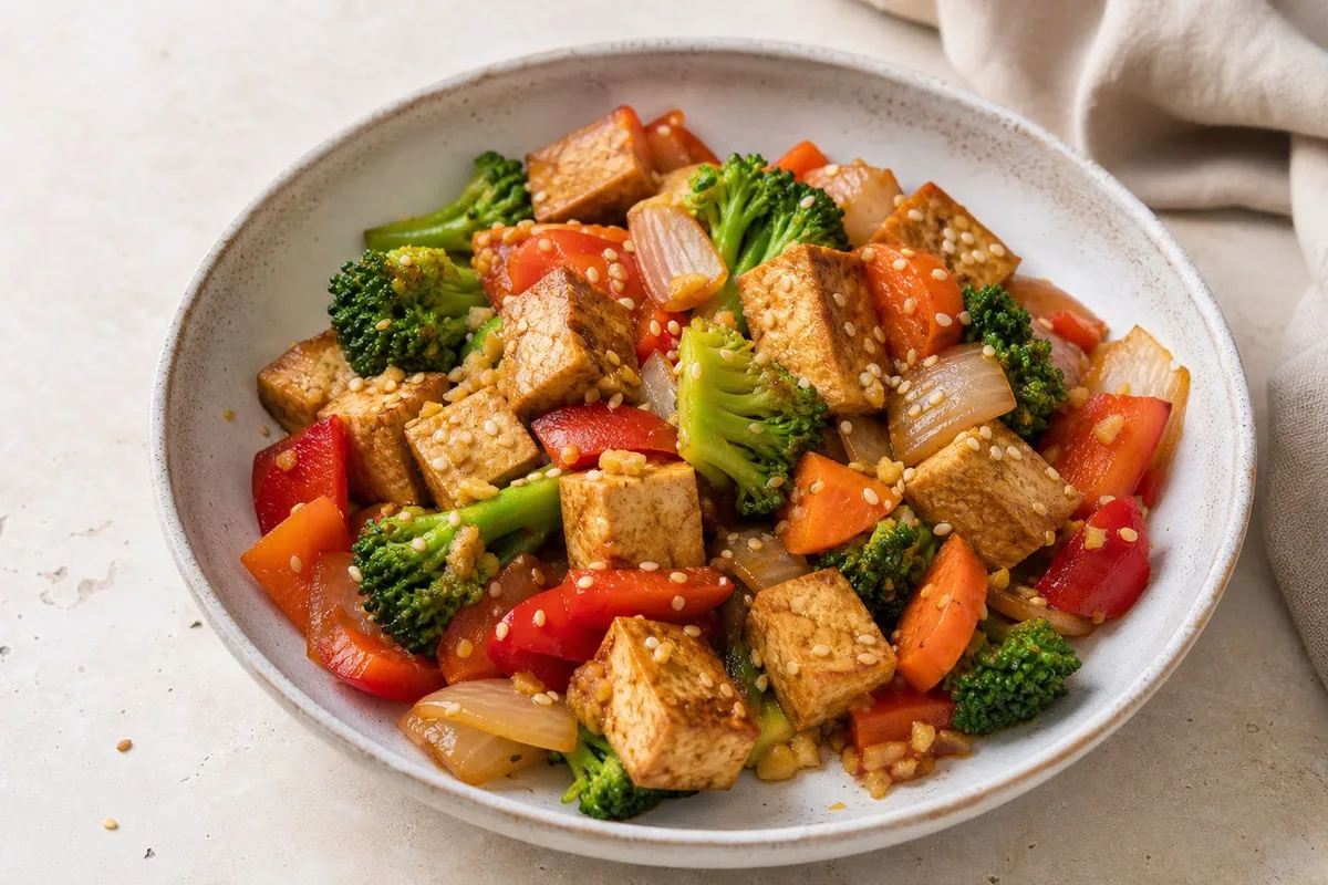 Imagen ilustrativa de Salteado oriental de tofu firme marinado con verduras crujientes