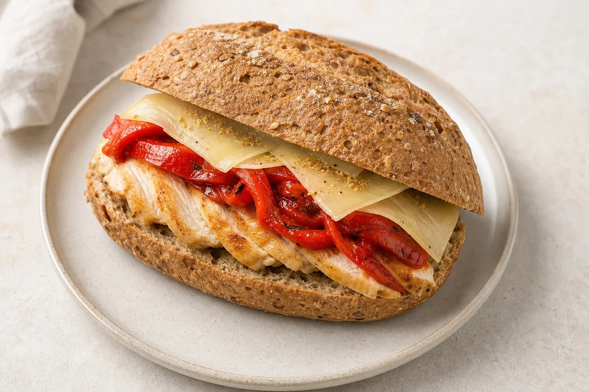 Imagen ilustrativa de Bocadillo gourmet de pollo braseado con pimientos asados y queso