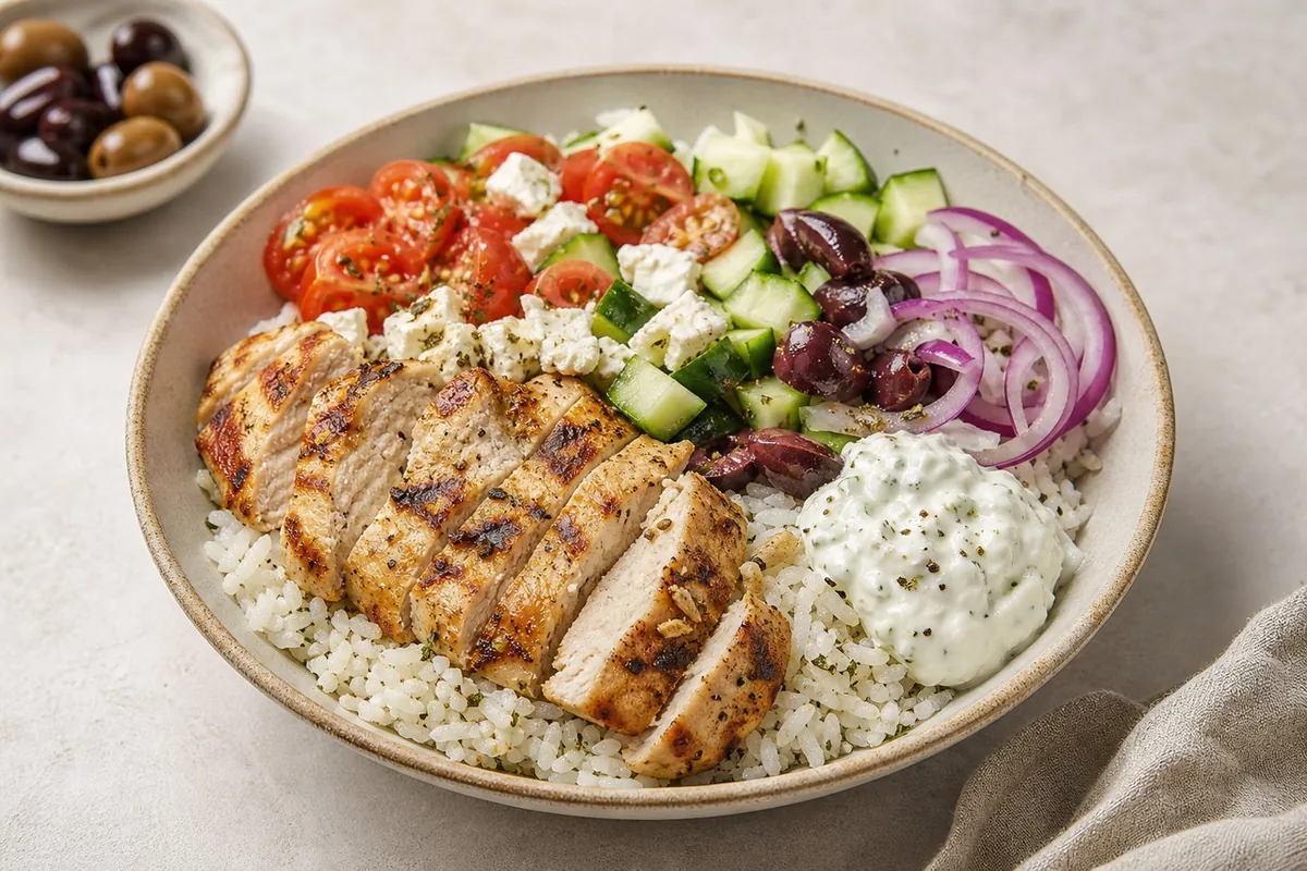 Imagen ilustrativa de Bowl mediterráneo de pollo y arroz