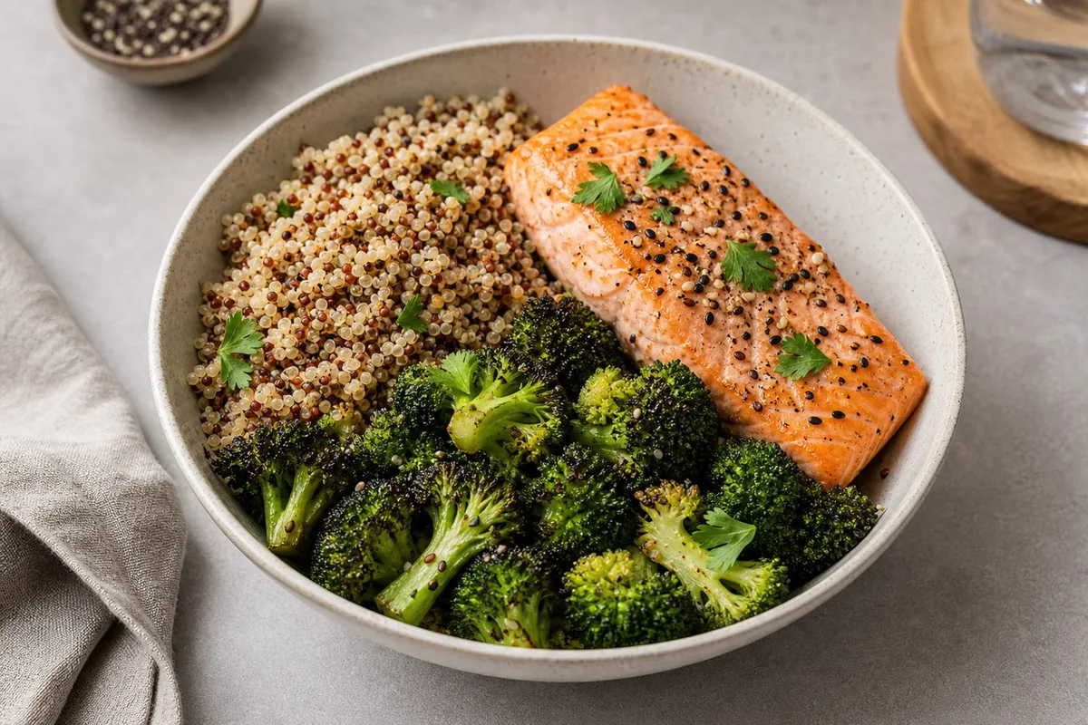 Imagen ilustrativa de Bowl de salmón, quinoa y brócoli