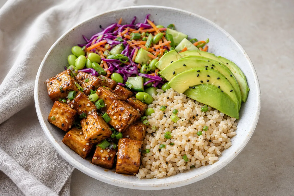 Imagen ilustrativa de Poke de tofu, arroz integral y aguacate