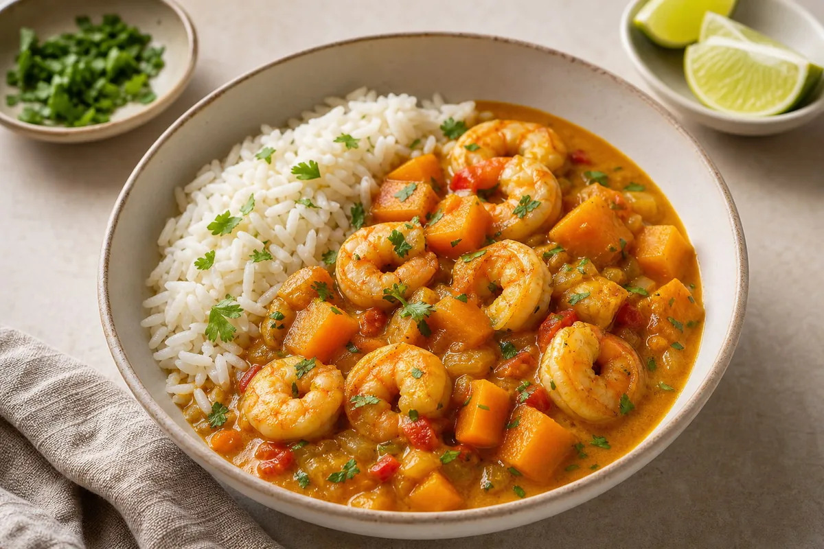 Imagen ilustrativa de Curry de gambas, calabaza y arroz