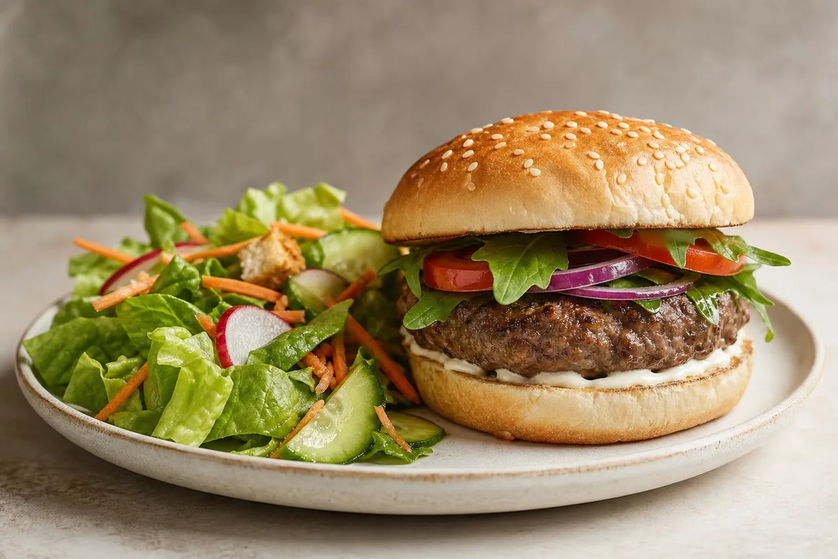 Imagen ilustrativa de Hamburguesa de ternera magra con ensalada crujiente