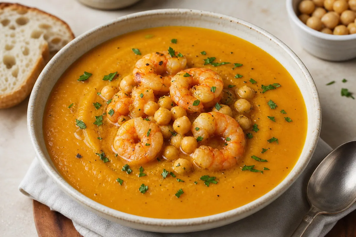 Imagen ilustrativa de Crema de calabaza con gambas y garbanzos