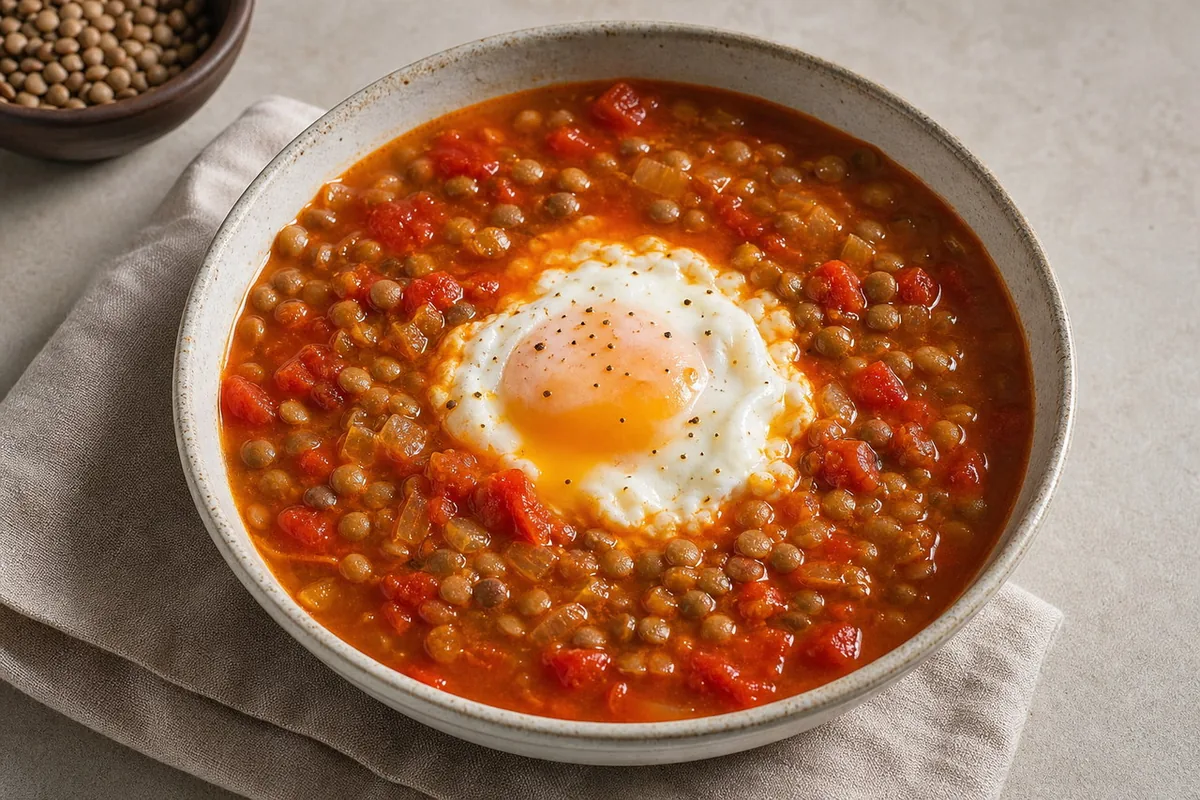 Imagen ilustrativa de Sopa de tomate y lentejas con huevo