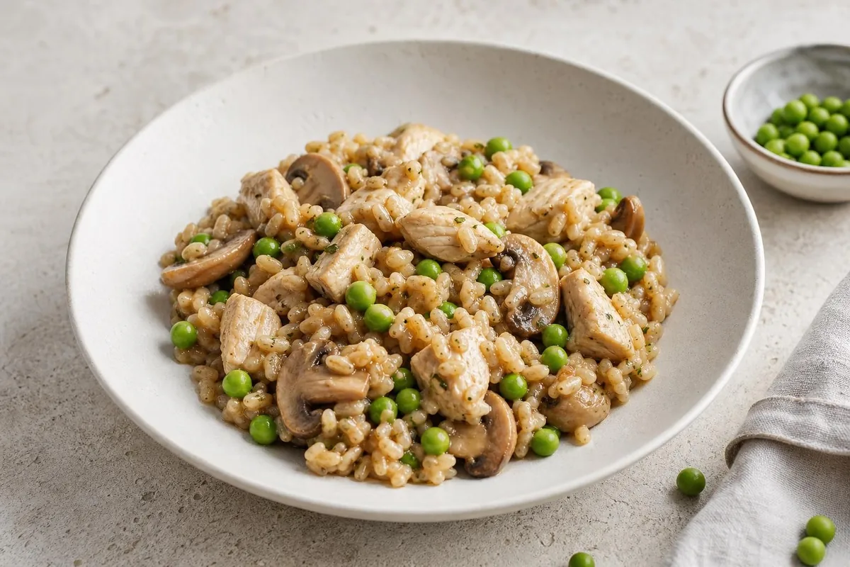 Imagen ilustrativa de Risotto integral de pollo, guisantes y champiñón