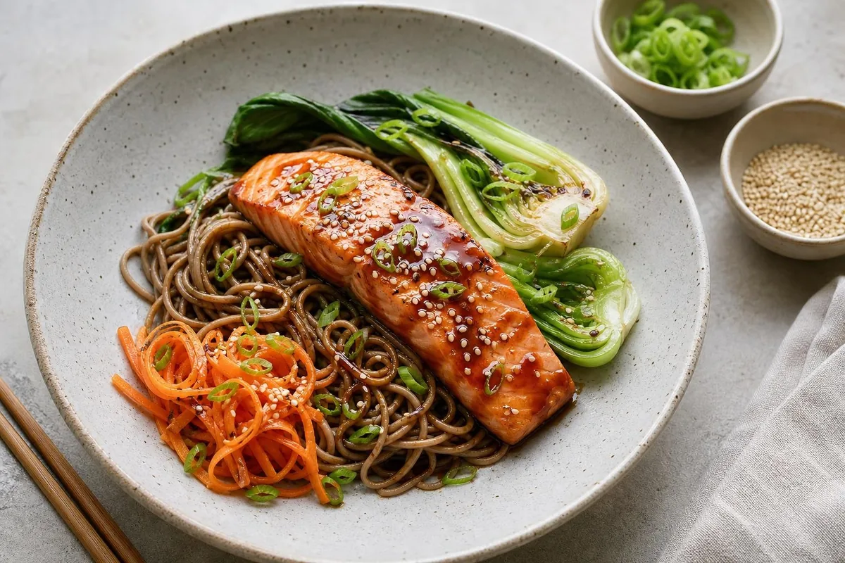 Imagen ilustrativa de Salmón teriyaki ligero con soba y pak choi