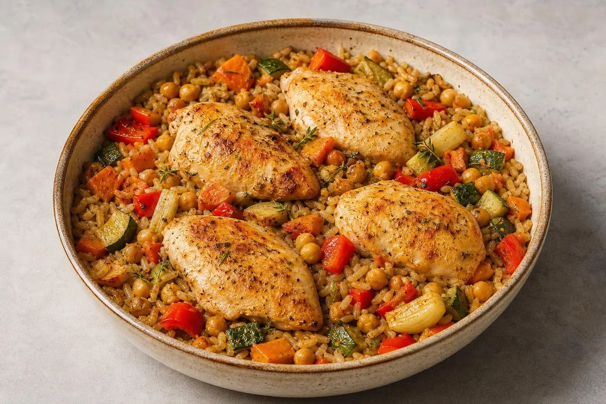Imagen ilustrativa de Arroz al horno con pollo, garbanzos y verduras