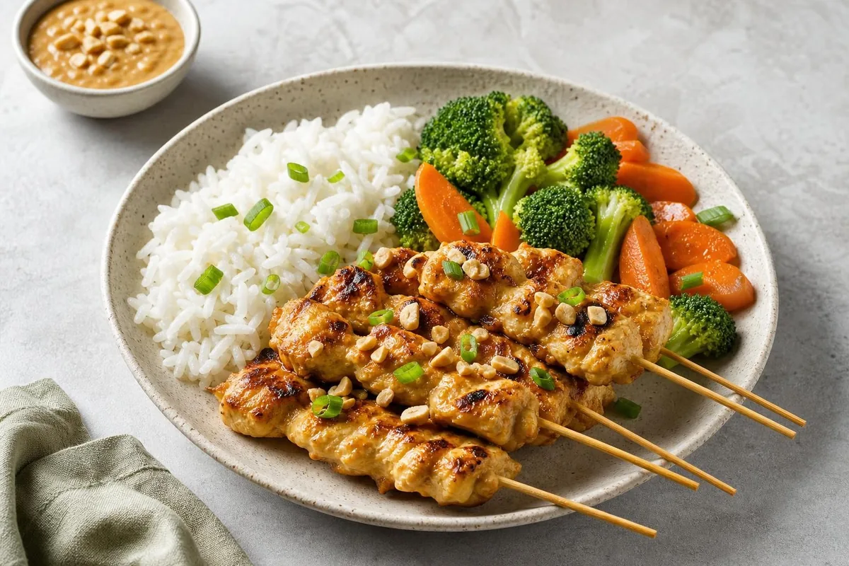 Imagen ilustrativa de Pollo satay ligero con arroz jazmín y verduras