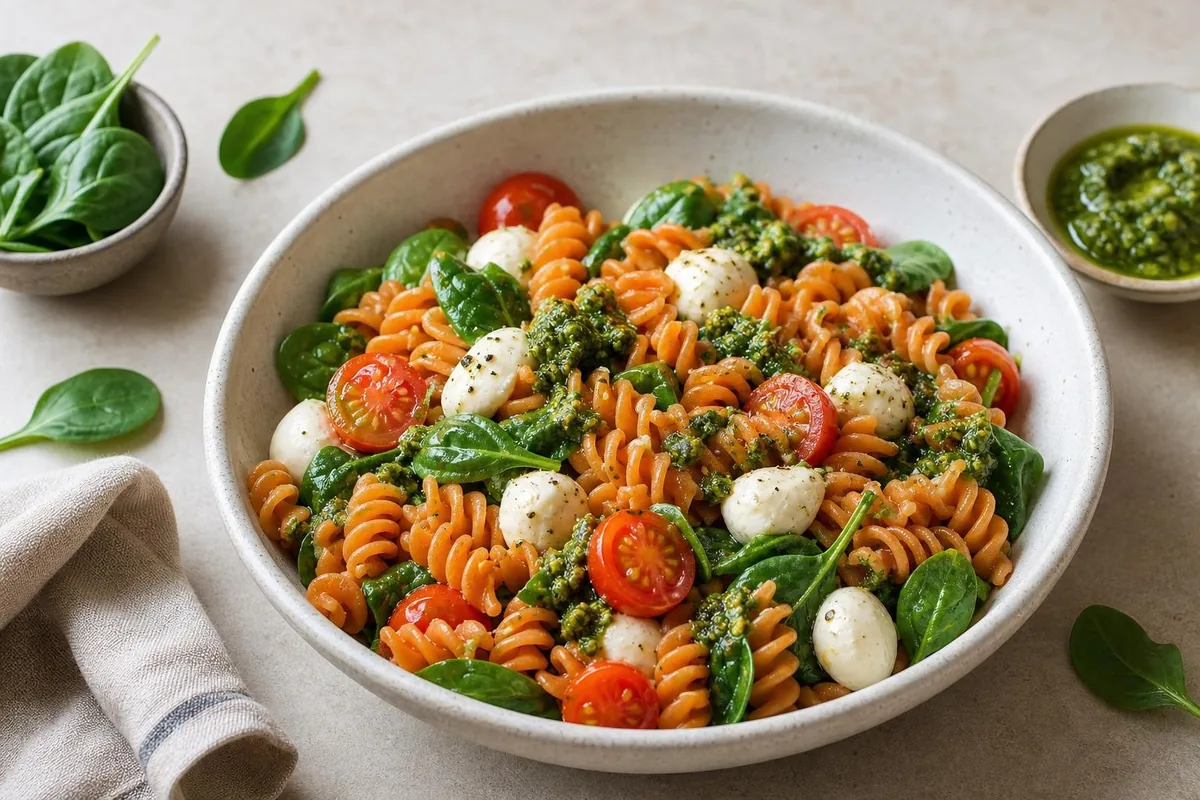 Imagen ilustrativa de Pasta de lenteja roja con pesto y mozzarella