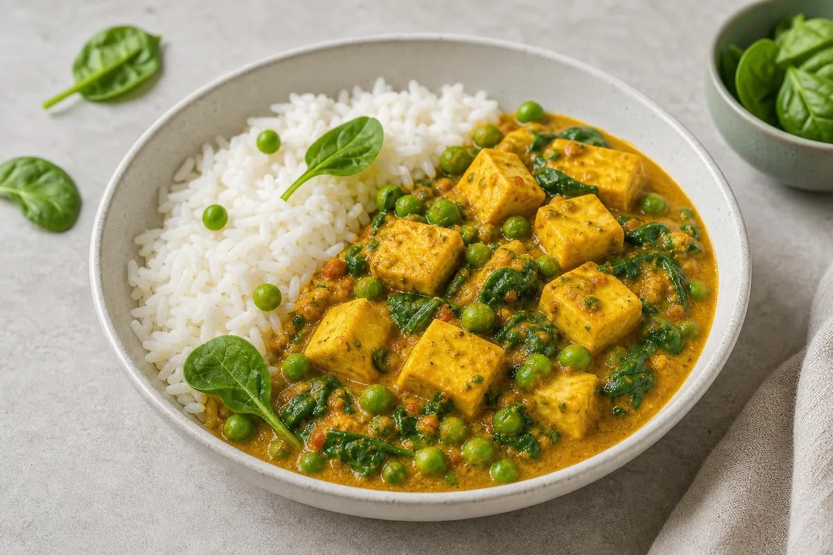 Imagen ilustrativa de Curry de paneer ligero con guisantes y arroz