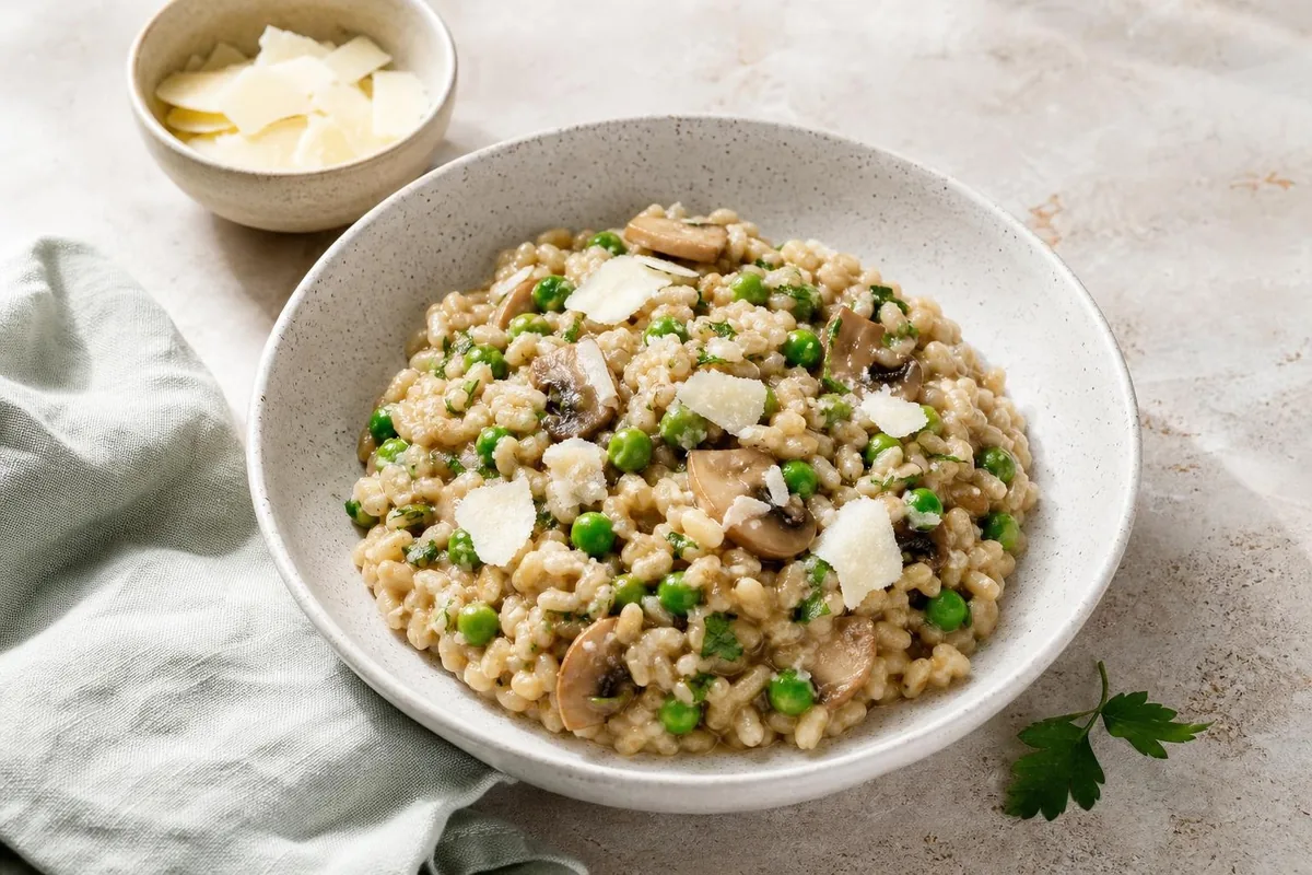 Imagen ilustrativa de Risotto de cebada con setas y parmesano