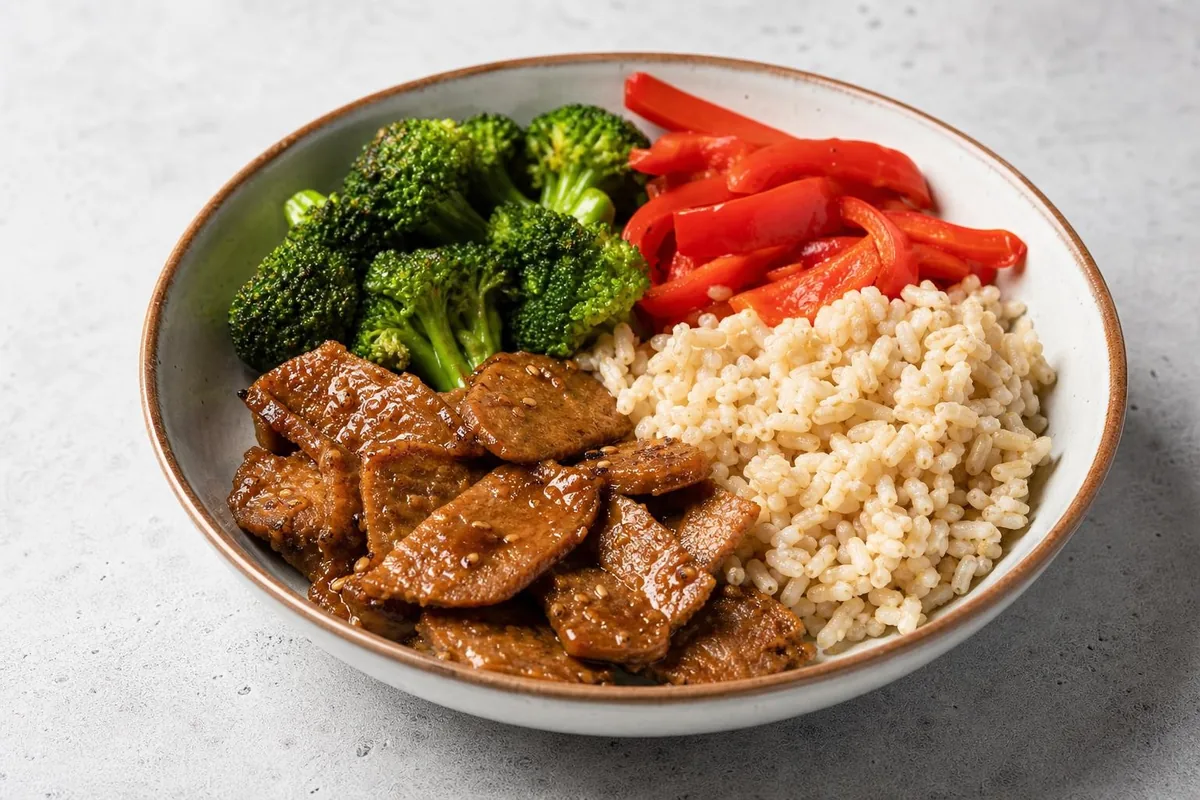 Imagen ilustrativa de Bowl de seitán, arroz integral y verduras