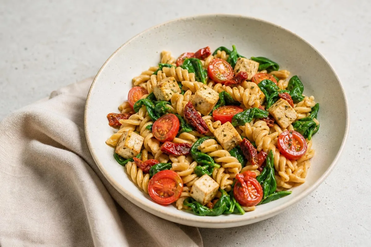 Imagen ilustrativa de Pasta de garbanzo con tofu, tomate seco y espinaca