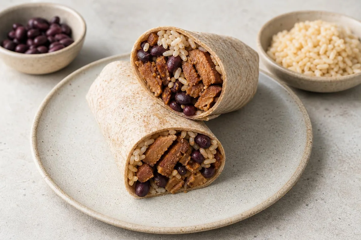 Imagen ilustrativa de Burrito de seitán, frijoles y arroz