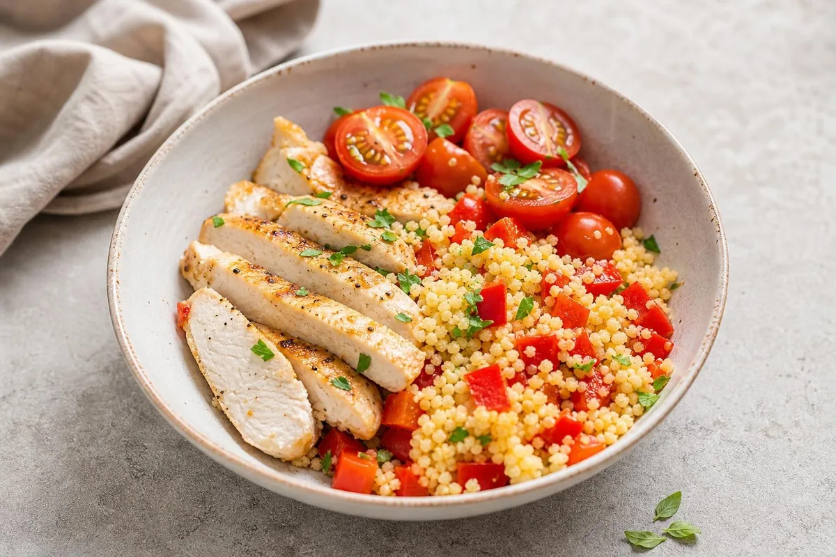 Imagen ilustrativa de Bowl exprés de pollo, cuscús y pimiento