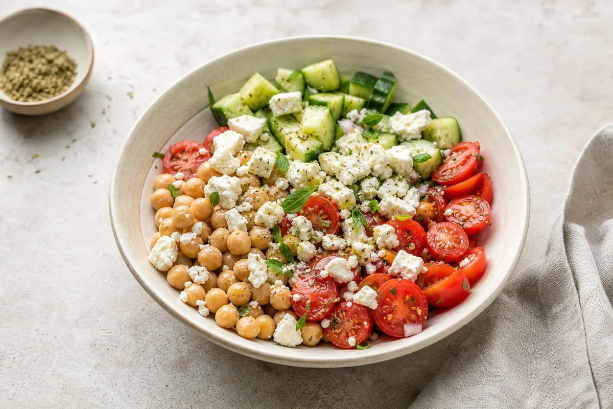 Imagen ilustrativa de Bowl de garbanzos, feta y verdura cruda