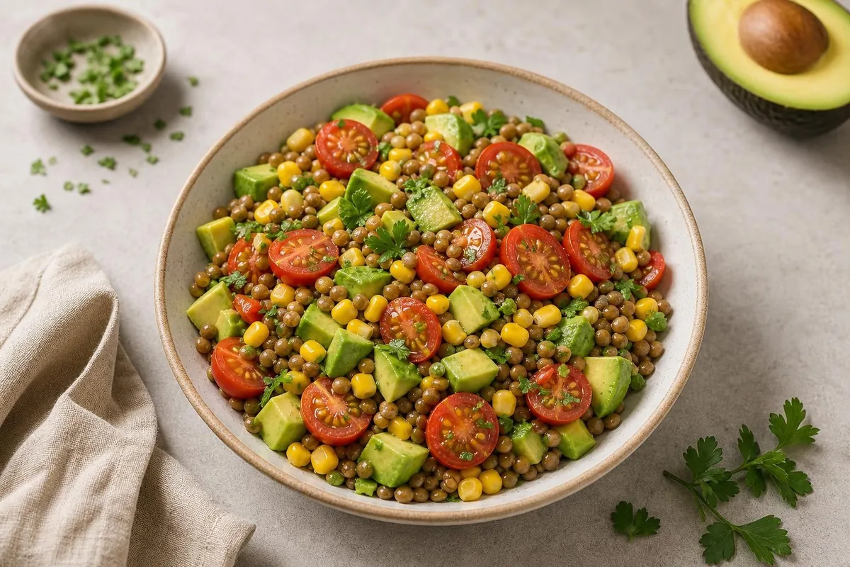 Imagen ilustrativa de Ensalada de lentejas, maíz y aguacate