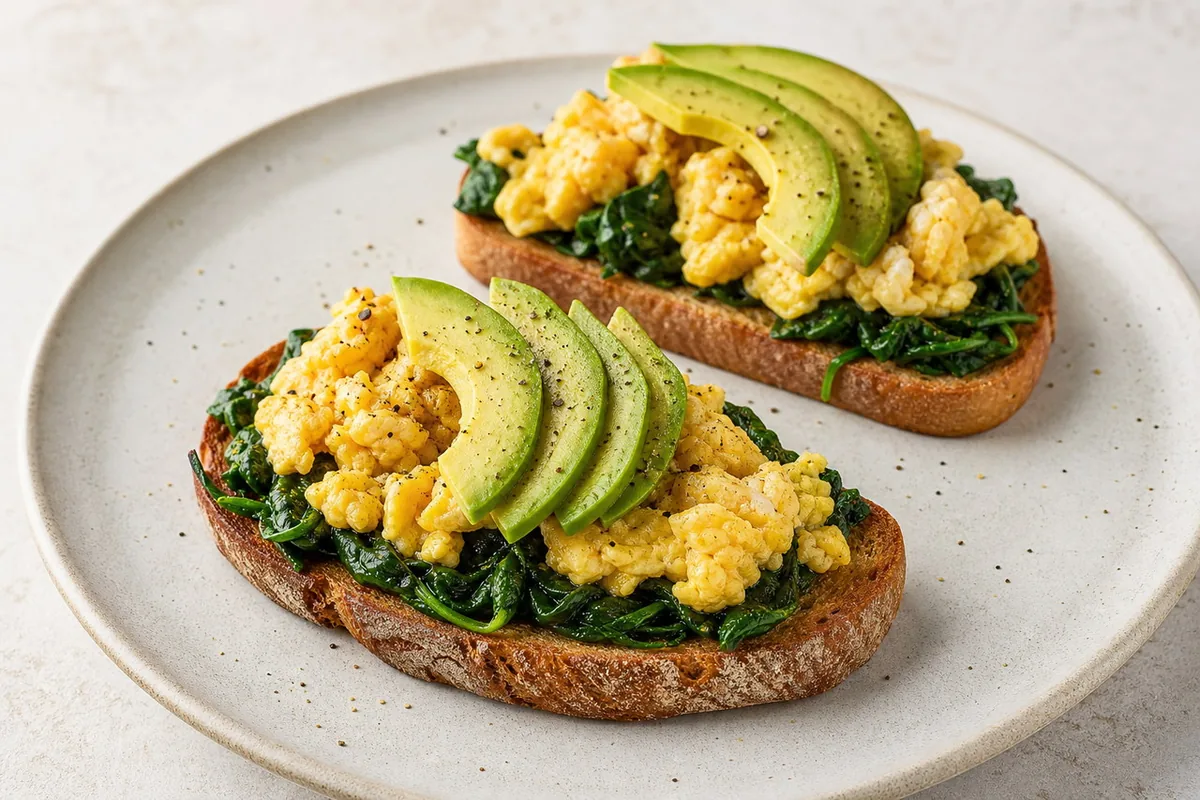 Imagen ilustrativa de Tostadas de revuelto, espinaca y aguacate