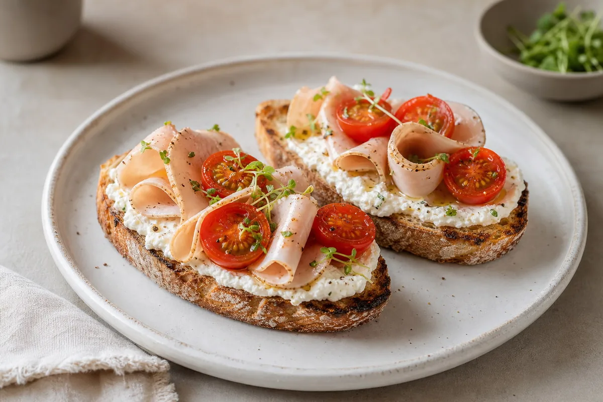 Imagen ilustrativa de Tostadas de pavo, ricotta y tomate