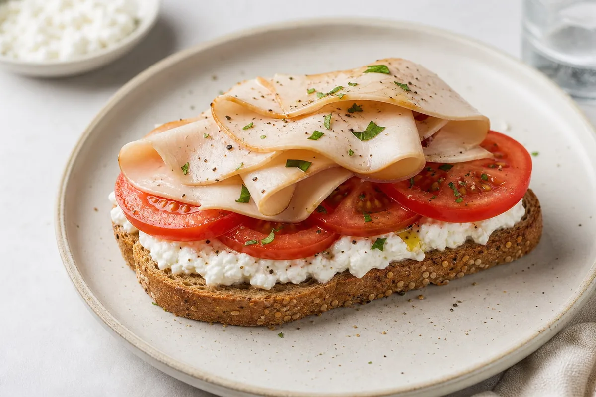 Imagen ilustrativa de Tostada de cottage, tomate y pavo