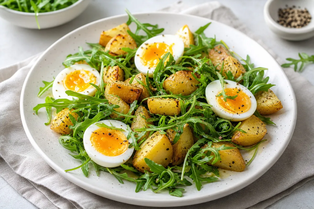Imagen ilustrativa de Ensalada de desayuno con huevo, patata y rúcula