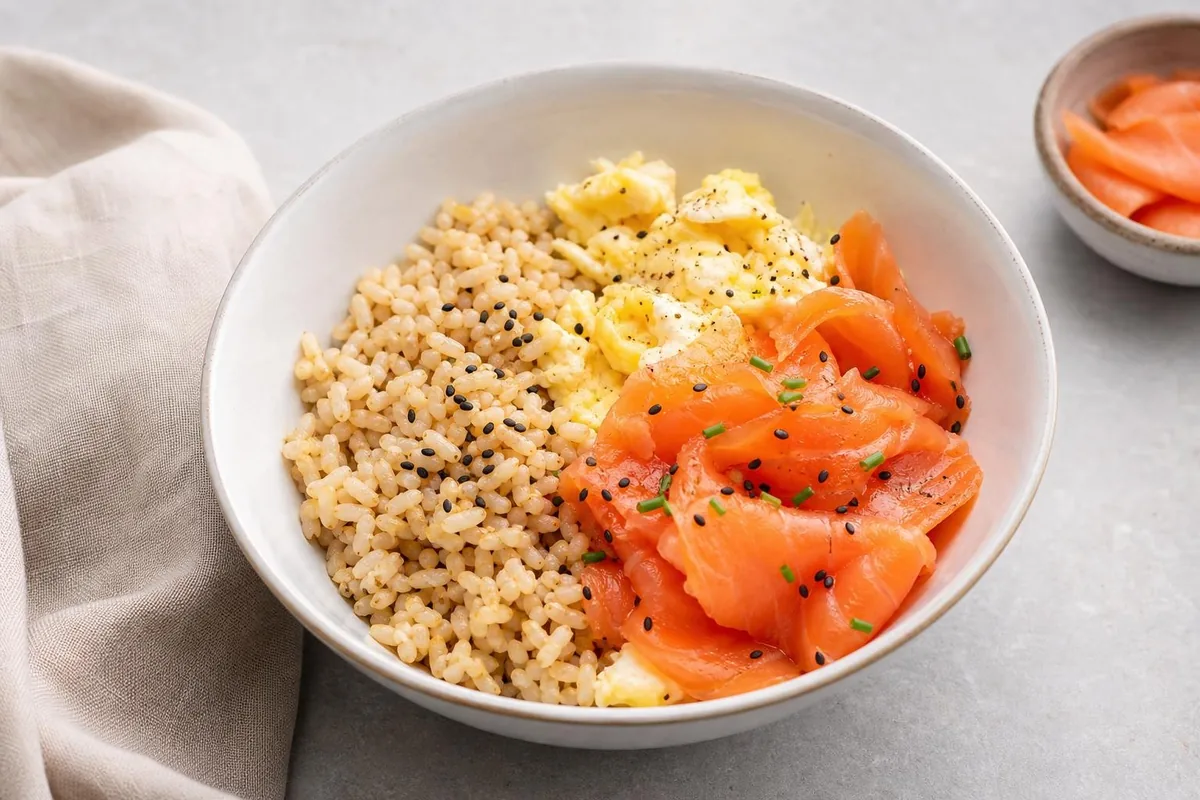 Imagen ilustrativa de Bowl salado de arroz, huevo y salmón