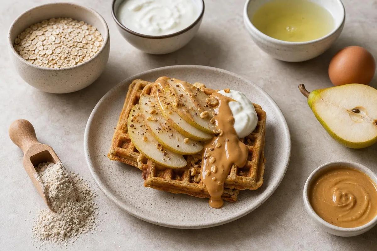 Imagen ilustrativa de Gofres de avena con pera y crema de cacahuete