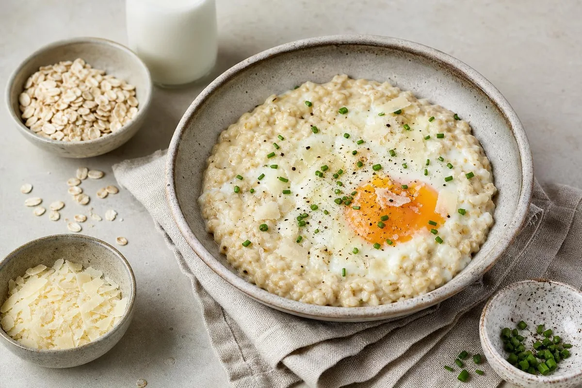 Imagen ilustrativa de Porridge salado de avena, huevo y parmesano