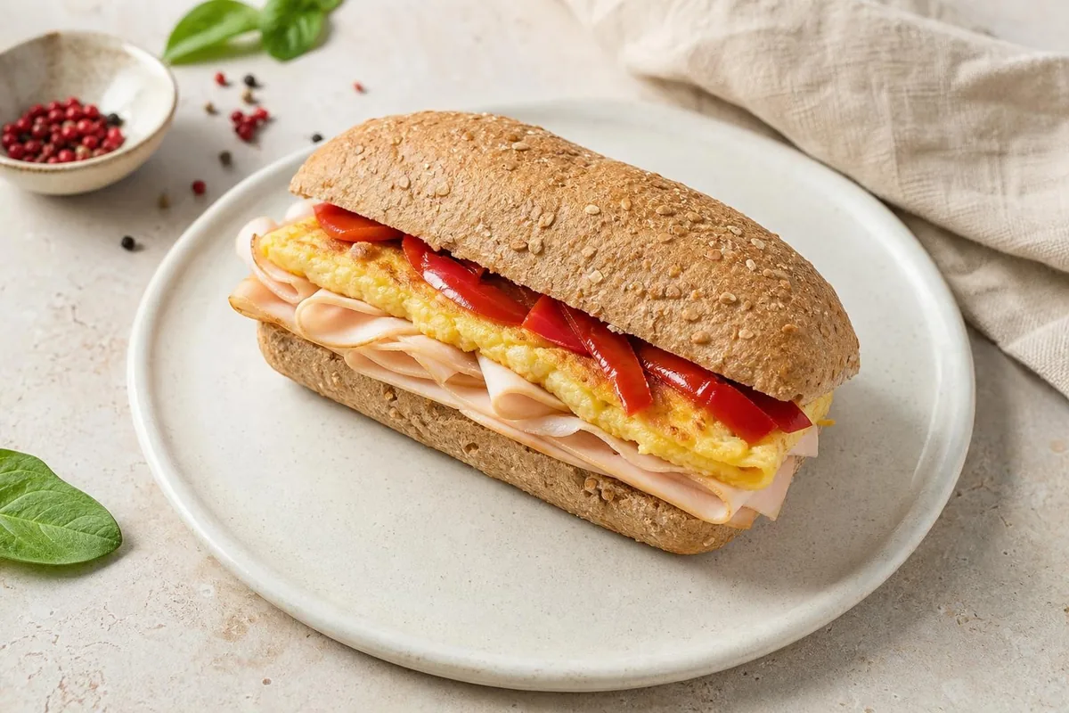Imagen ilustrativa de Bocadillo integral de tortilla, pavo y pimiento