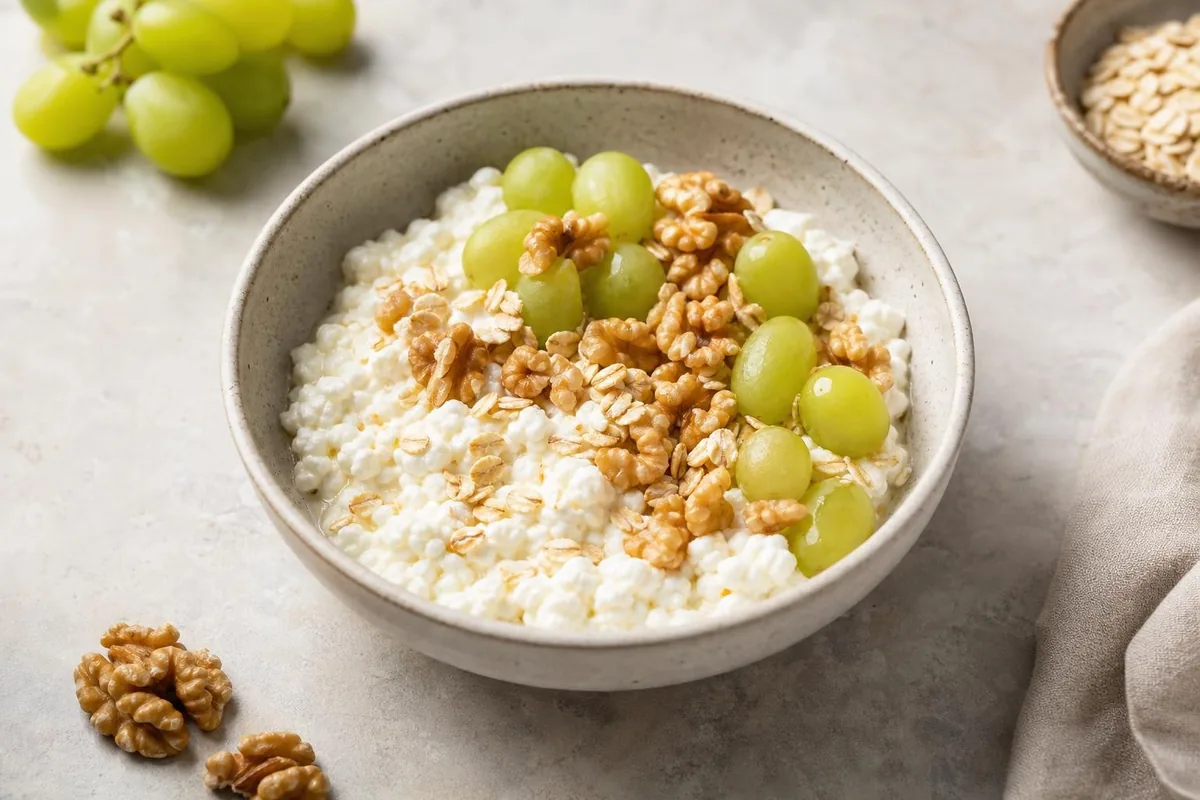 Imagen ilustrativa de Bol de cottage, uvas y nueces