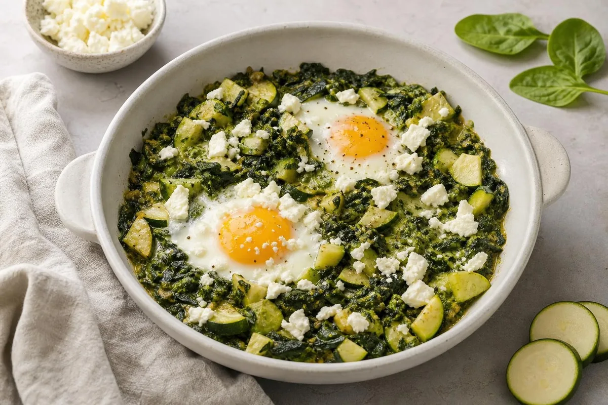 Imagen ilustrativa de Shakshuka verde con huevo y feta