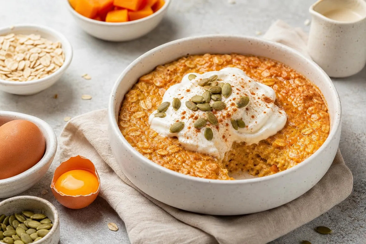 Imagen ilustrativa de Baked oats de calabaza y queso batido