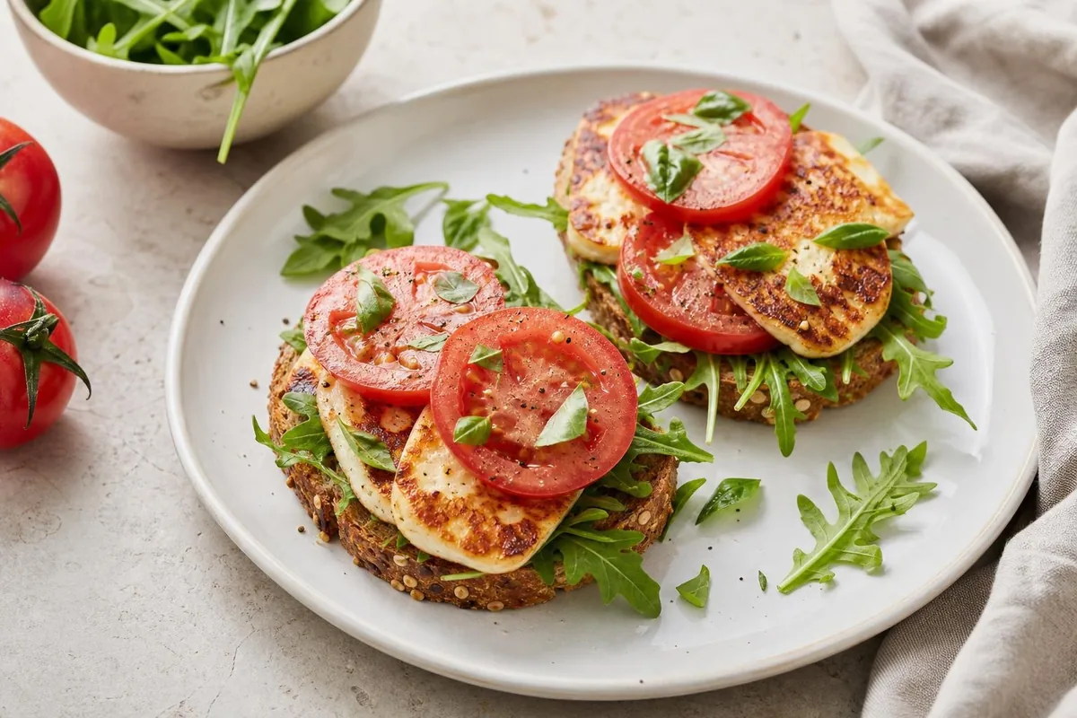 Imagen ilustrativa de Tostadas de halloumi, tomate y albahaca