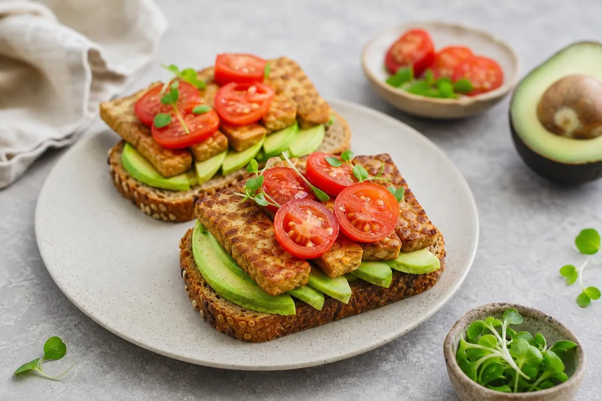Imagen ilustrativa de Tostadas de tempeh, aguacate y tomate