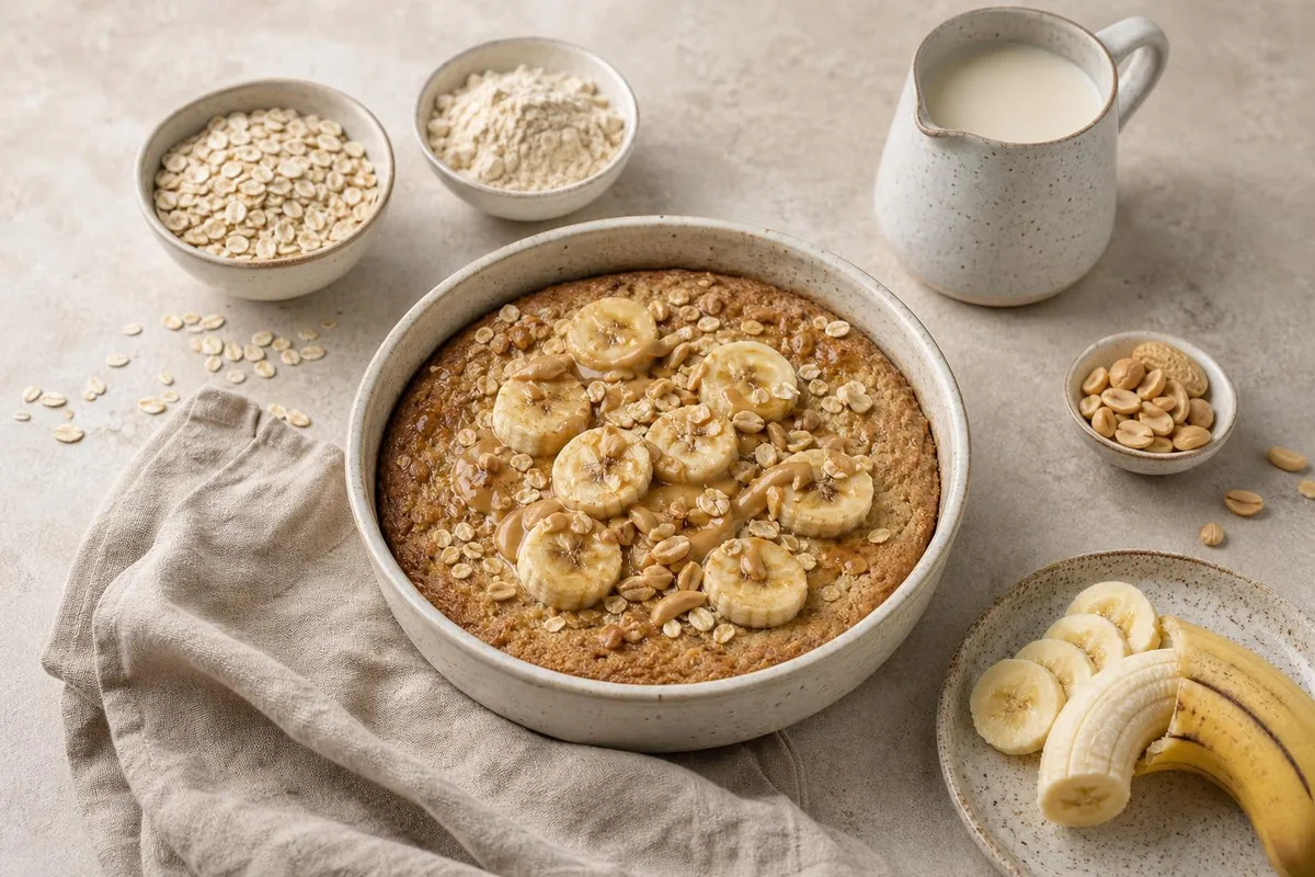 Imagen ilustrativa de Baked oats de plátano, cacahuete y proteína vegetal