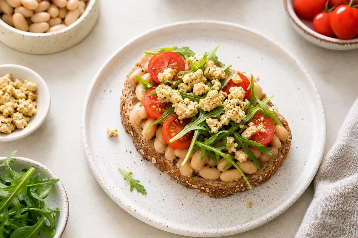 Imagen ilustrativa de Tostada de alubias blancas, tomate y rúcula