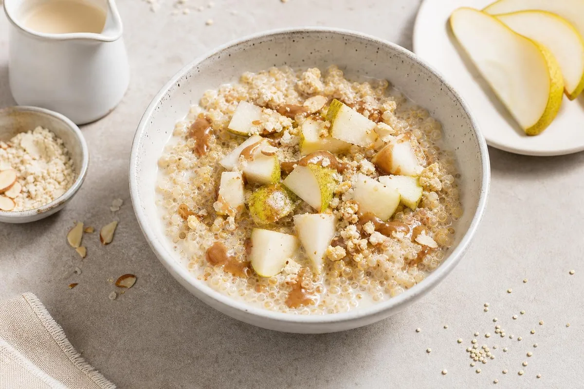 Imagen ilustrativa de Quinoa dulce con bebida de soja, pera y almendra
