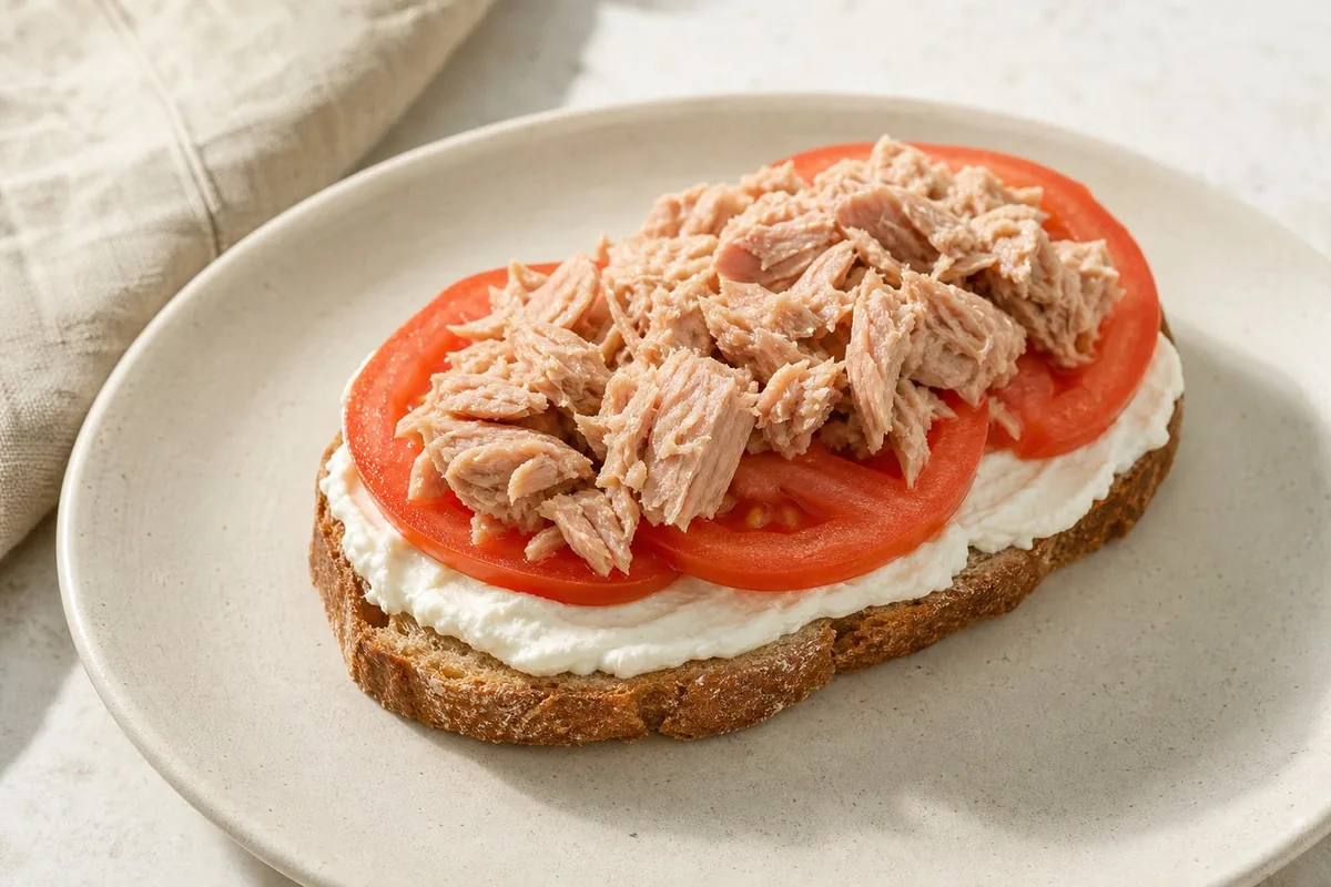 Imagen ilustrativa de Tostada mediterránea de atún claro, queso crema y tomate