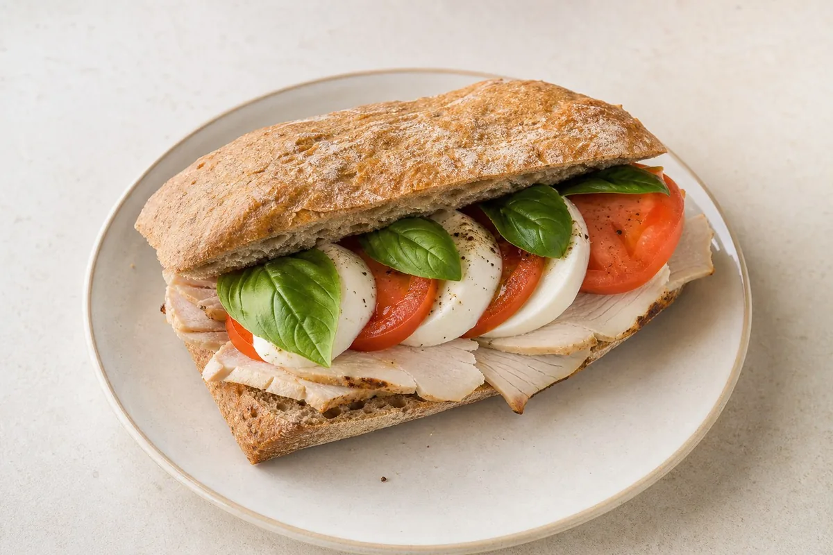 Imagen ilustrativa de Bocata Caprese caliente con pavo braseado y albahaca