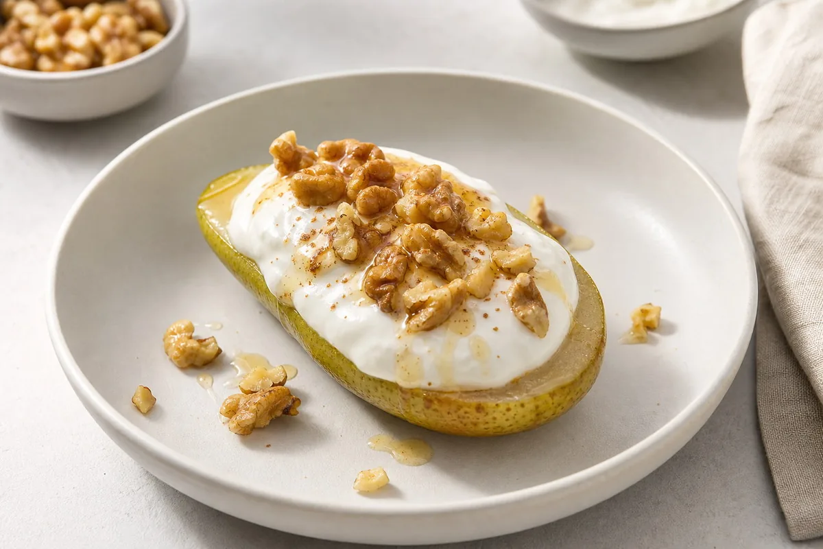 Imagen ilustrativa de Pera con crema de skyr y nueces