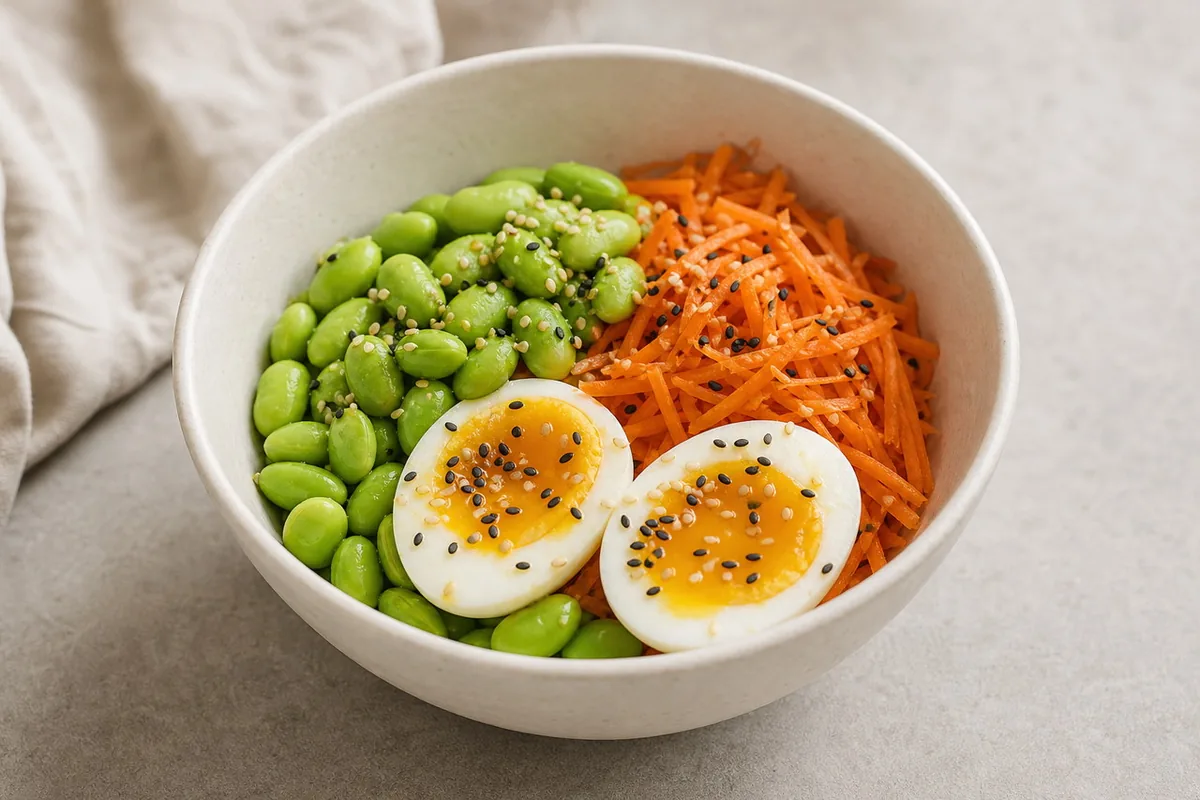 Imagen ilustrativa de Bol de edamame, huevo y zanahoria