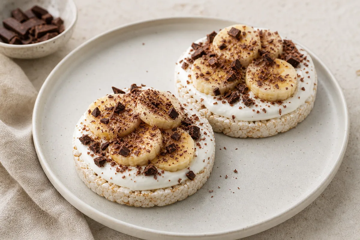 Imagen ilustrativa de Tortitas de arroz con cottage, plátano y cacao