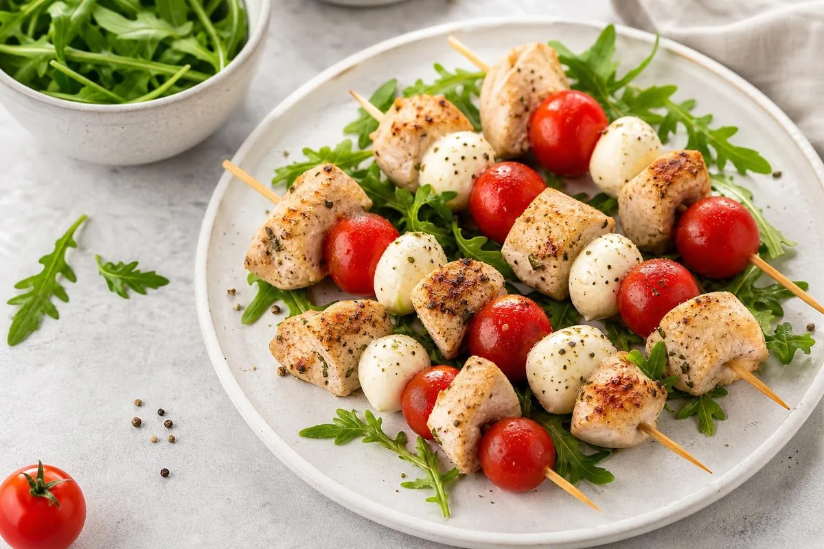 Imagen ilustrativa de Brochetas de pollo, tomate y mozzarella