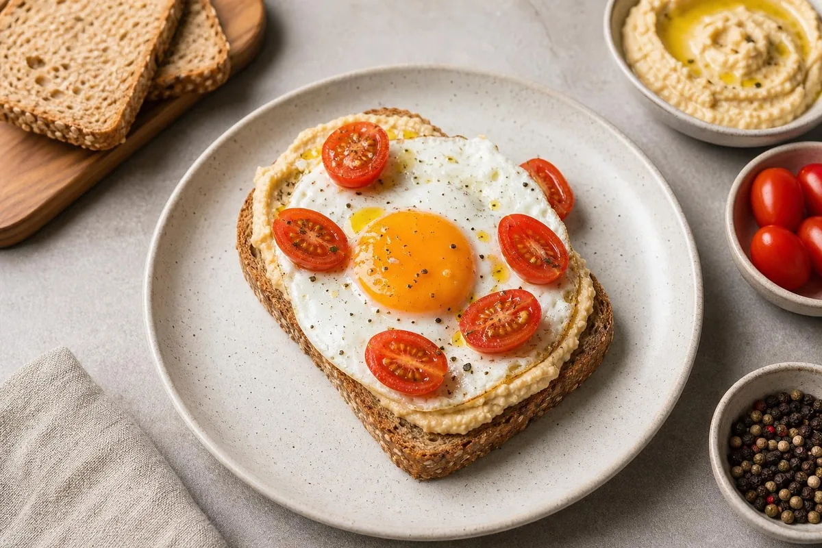 Imagen ilustrativa de Tostada de huevo, hummus y tomate